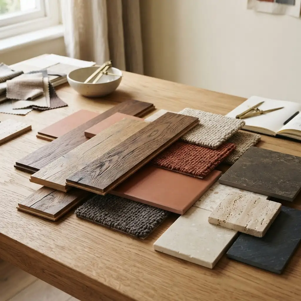 Premium flooring samples fanned out on a warm wood table