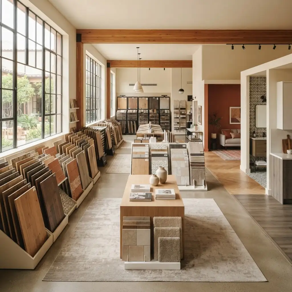 Warm flooring showroom with hardwood, tile, carpet and vinyl sample displays