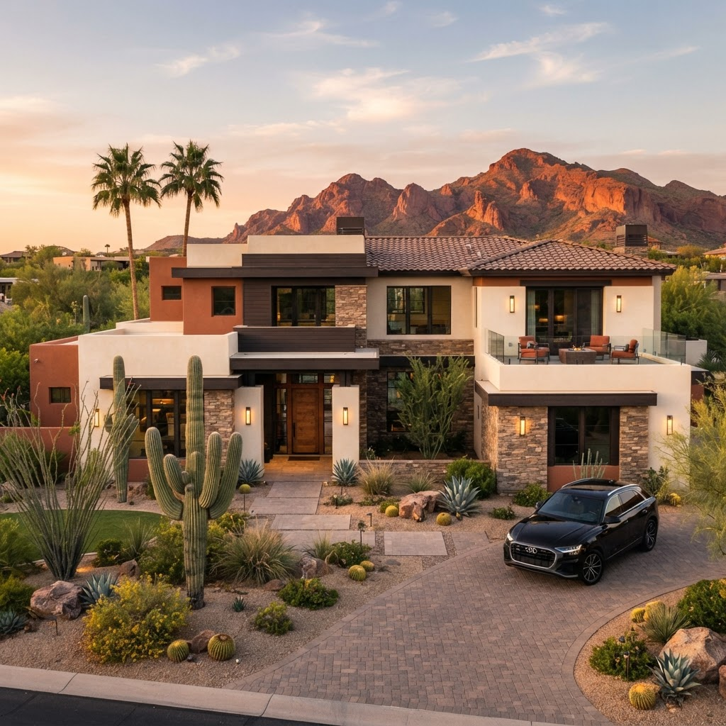 Upscale Arizona home exterior with desert landscaping at golden hour