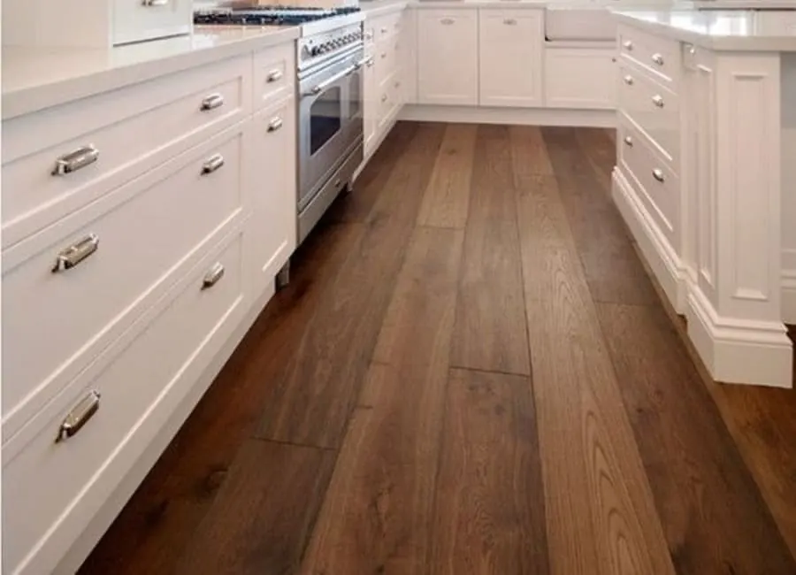 Kitchen with rich walnut hardwood flooring