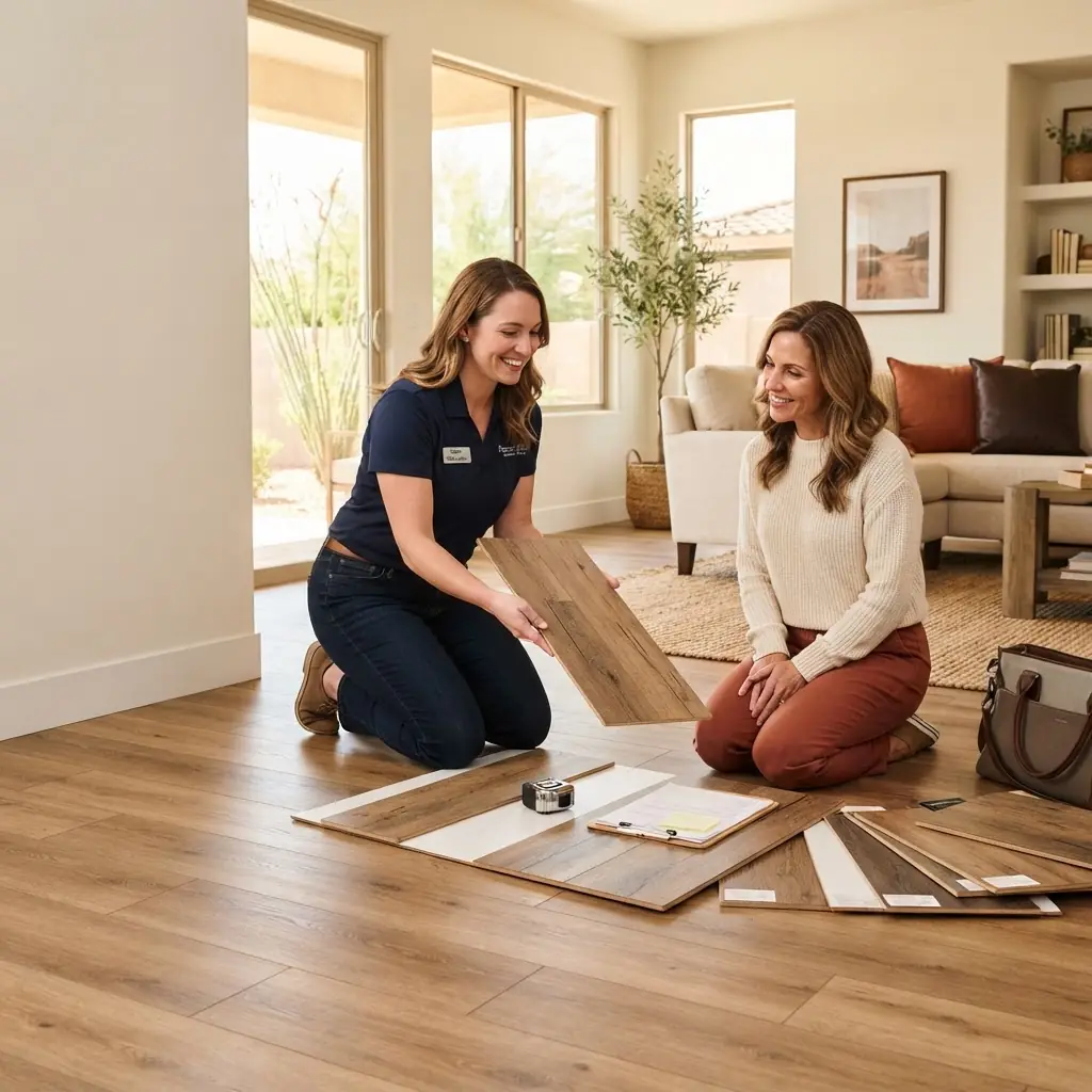 Flooring consultant providing a free in-home estimate with samples