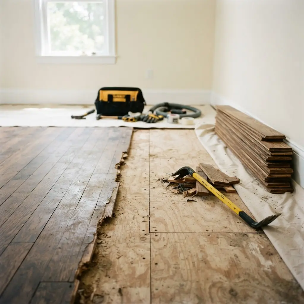 Old flooring being removed to reveal the subfloor during a renovation