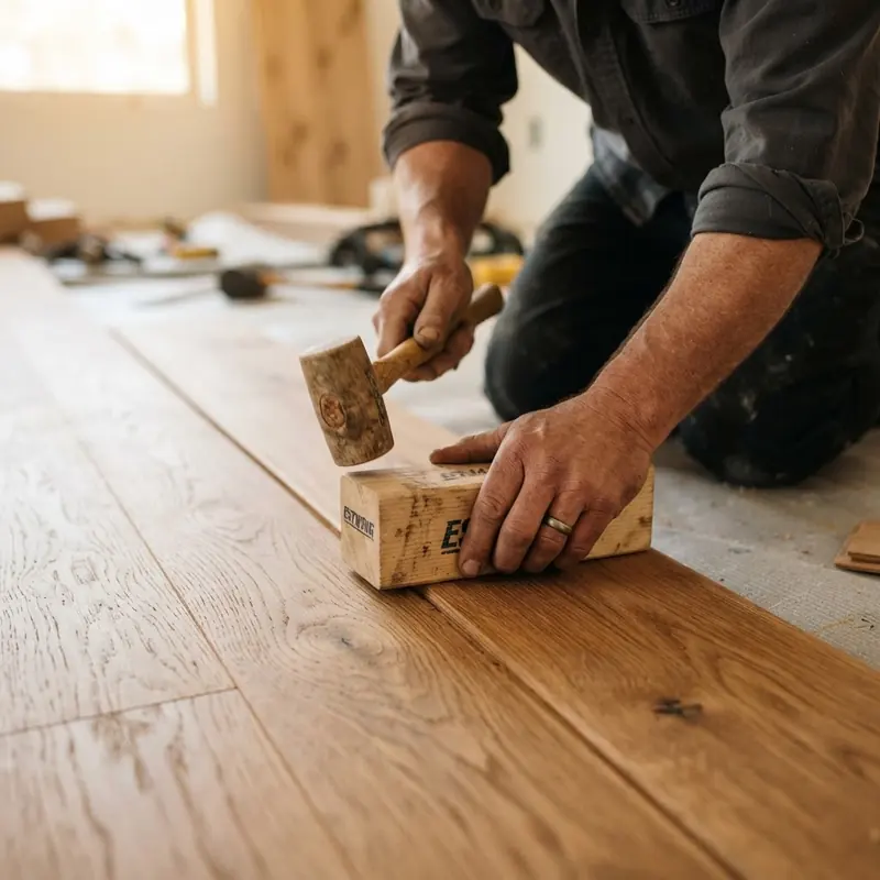 Close-up of an installer's hands fitting a wide oak plank with a tapping block