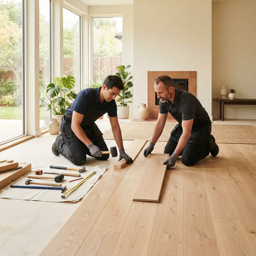 Professional flooring crew installing wide-plank flooring in a home